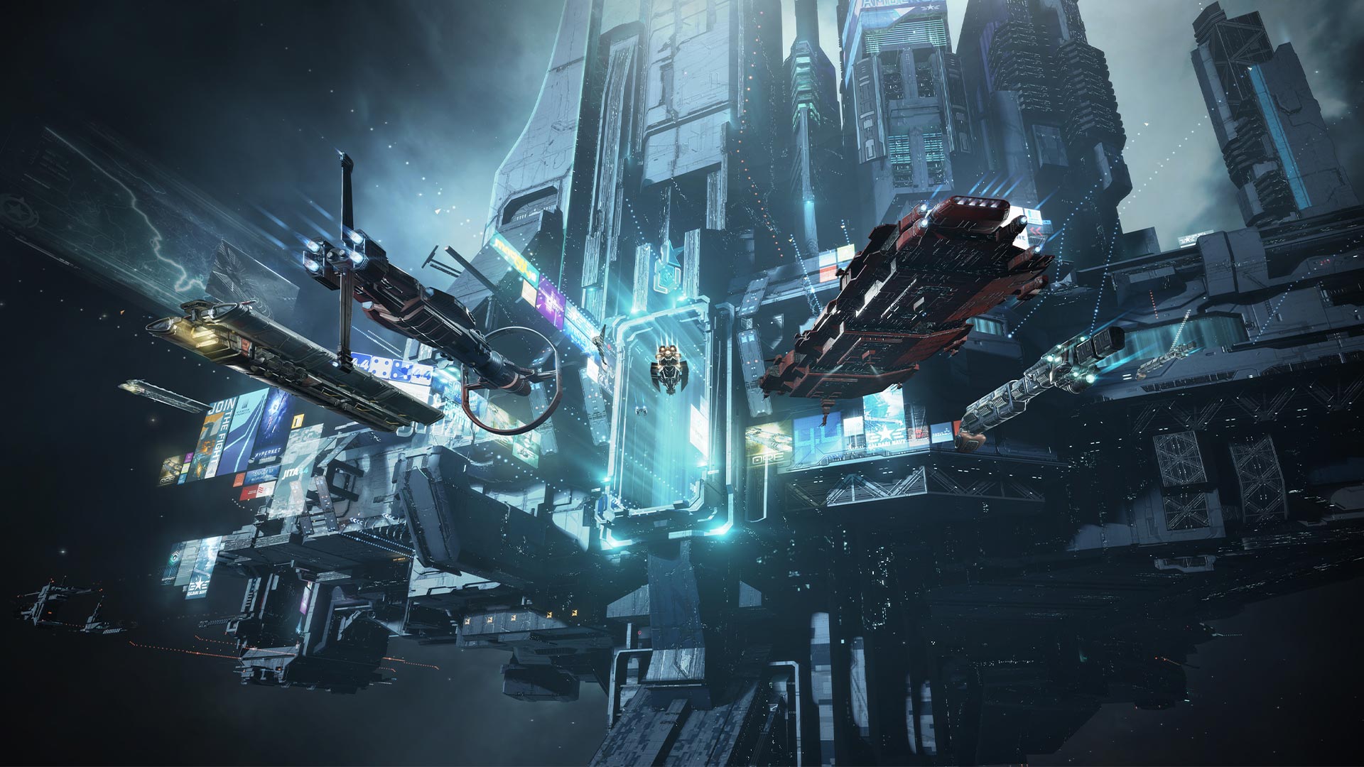 EVE Online Jita 4-4 trade hub concept art with Caldari station structures and ships